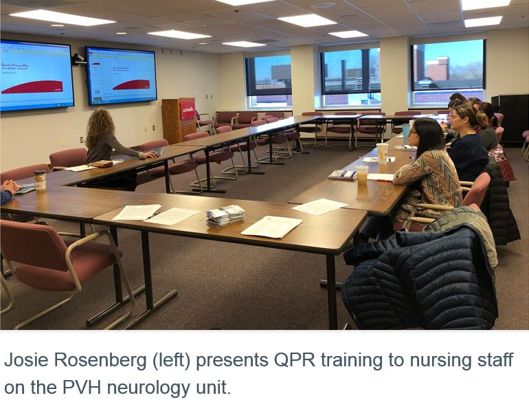 Josie Rosenberg presents QPR training to nursing staff on the PVH neurology unit.